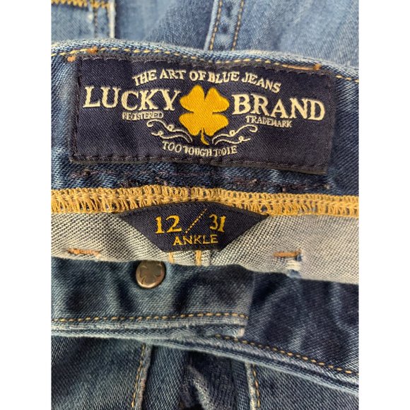 Lucky Brand Womans 12/31 The Sweet Jean Boot Ankle Patched Distressed Blue Cotto - Picture 2 of 12